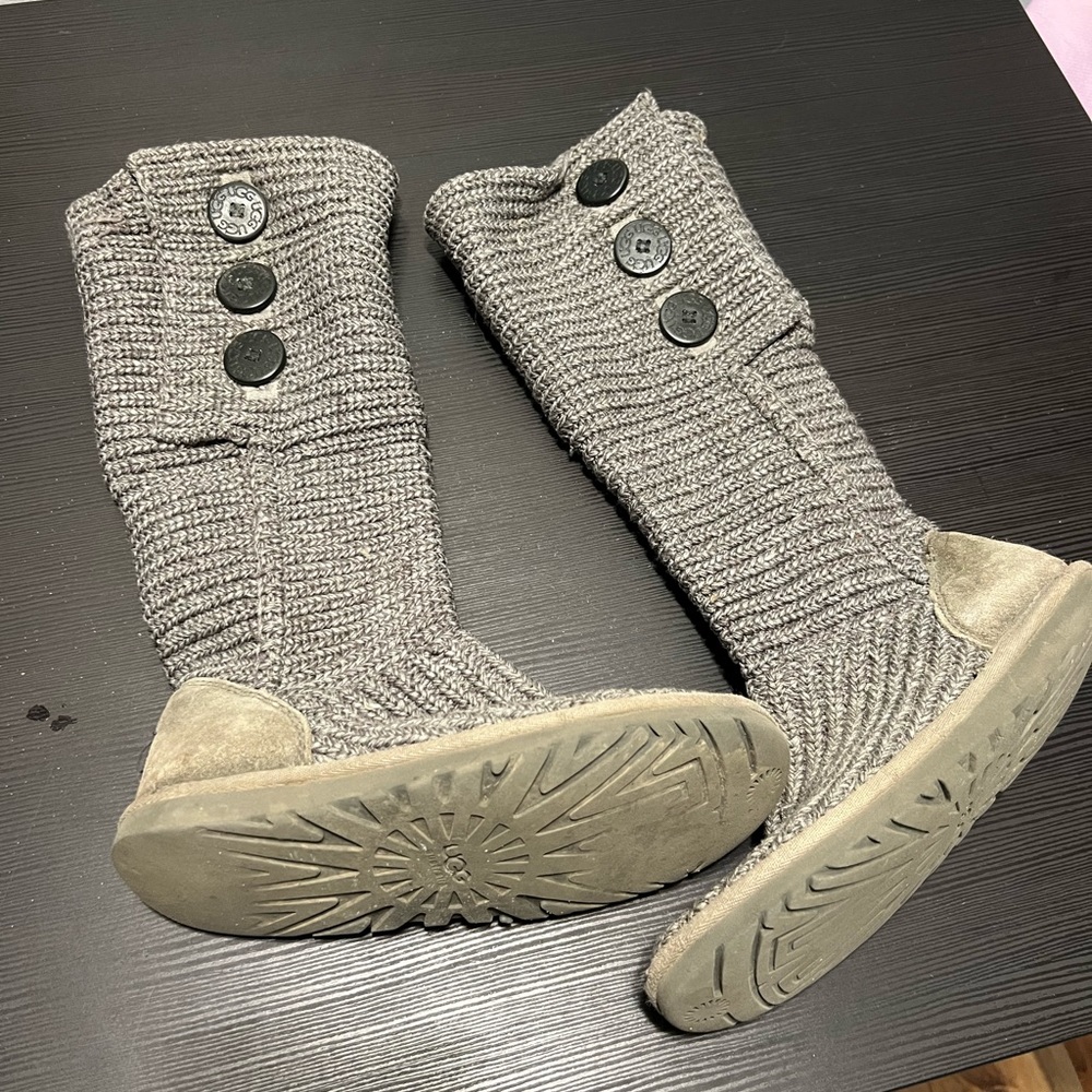 “Ugg Australia” K Cardy, grey 2 button, tall knit boots; size 6